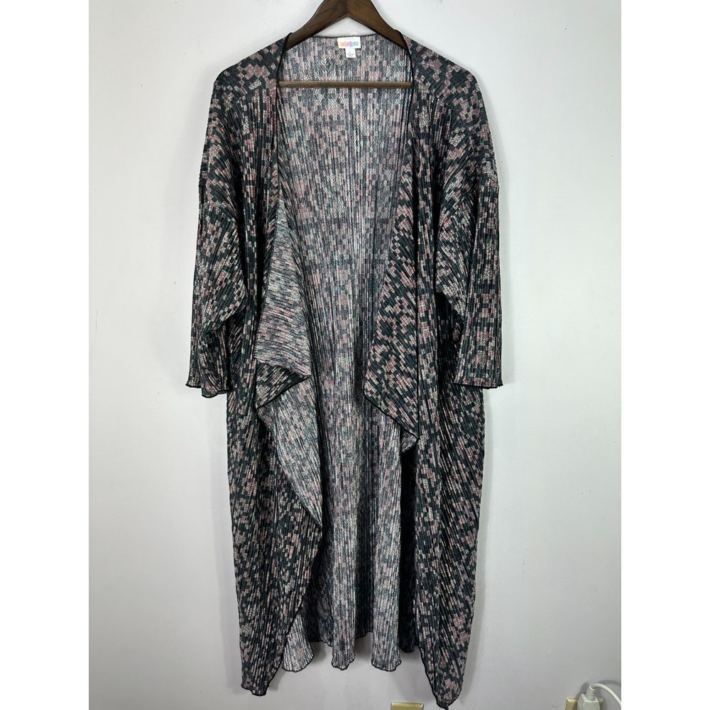 LuLaRoe Shirley Kimono L Pink Black Geometric‎ Boho Festival Duster Cardigan